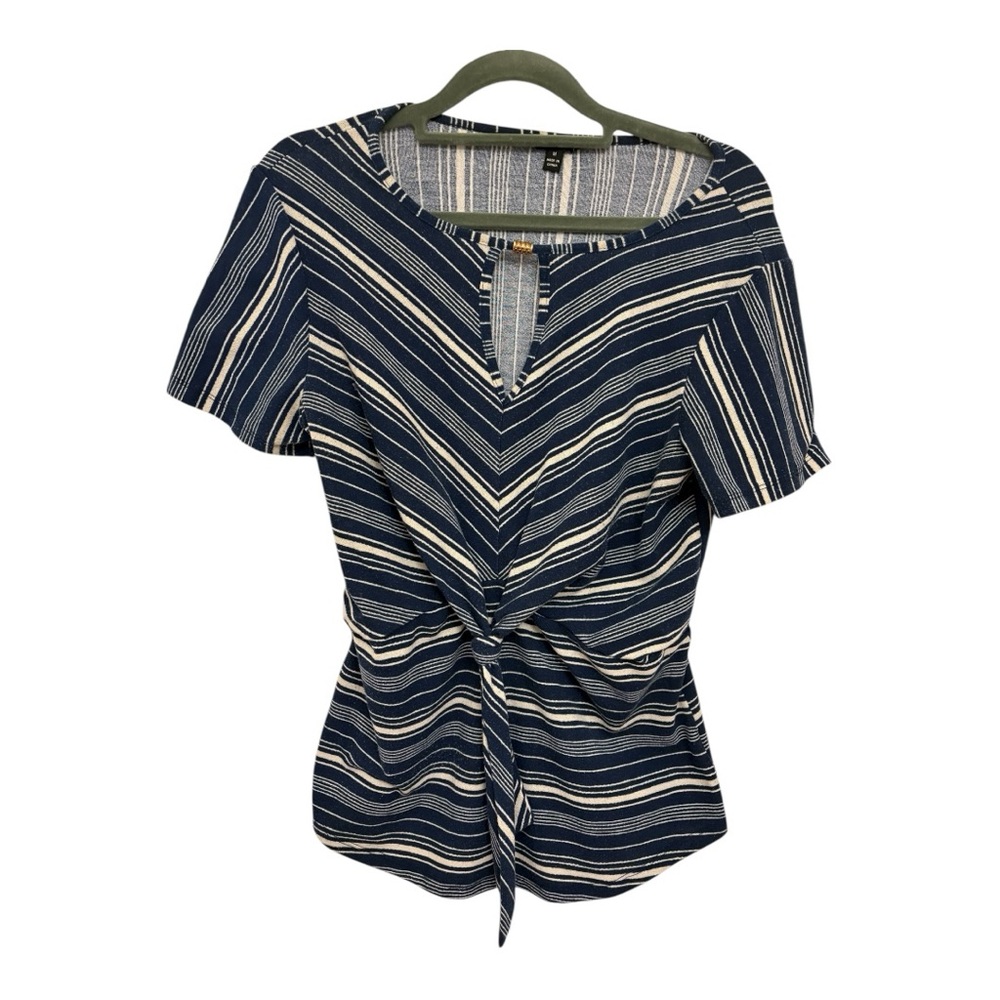 AUW Navy Blue White Chevron Stripe Tie Front Keyhole Neck Blouse Medium